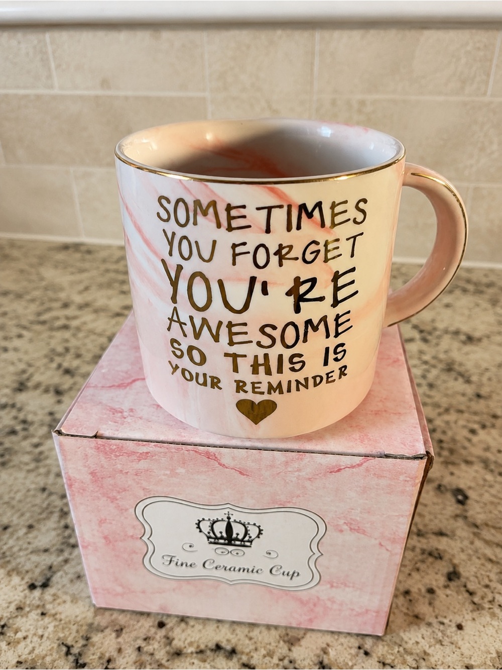 Pink Marble Inspirational Ceramic Mug You’re Awesome Reminder Gold Trim Gift Box